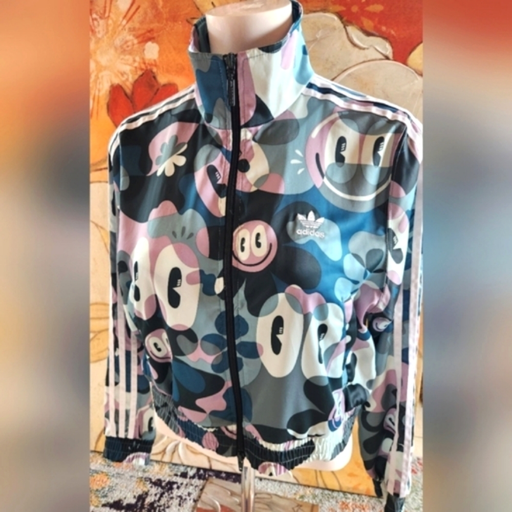 ADIDAS x Hattie Stewart Smiley Face Big Eyes Crop Zip Pockets Track Jacket M EUC